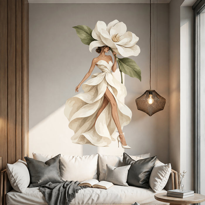Colorful Magnolia Woman in Petal Dress Wall Decal Art displayed in a scandinavian interior interior