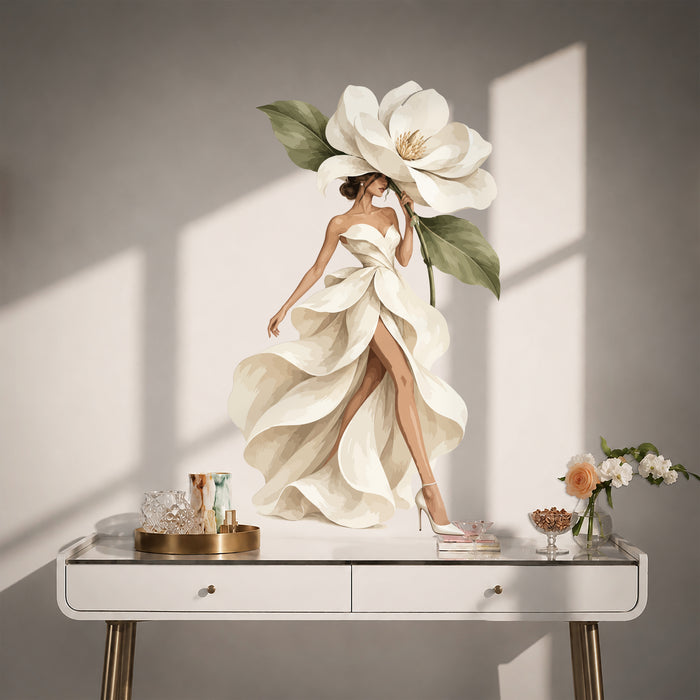Colorful Magnolia Woman in Petal Dress Wall Decal Art displayed in a contemporary interior interior