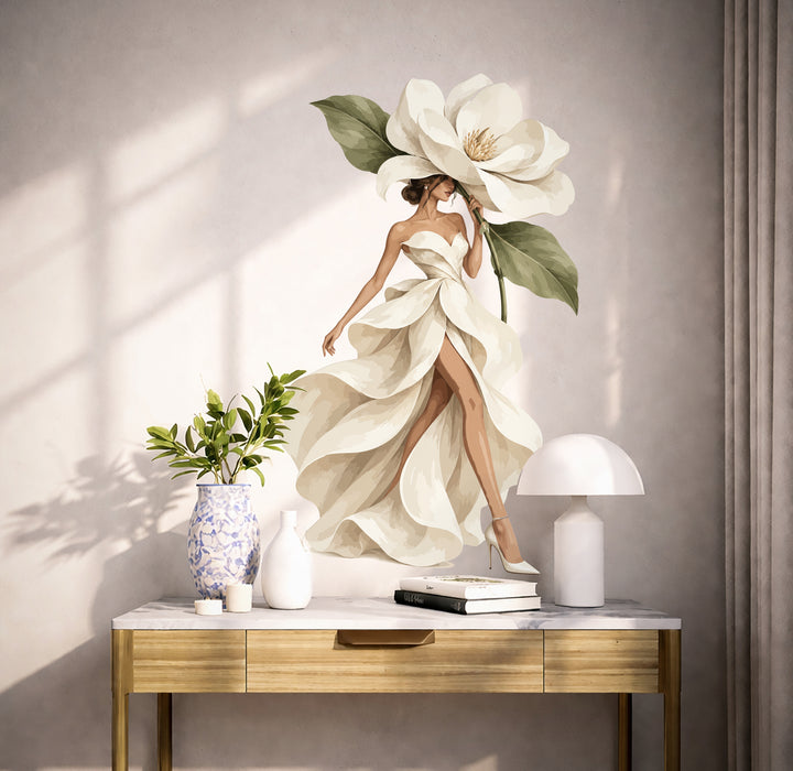 Colorful Magnolia Woman in Petal Dress Wall Decal Art displayed in a scandinavian interior interior
