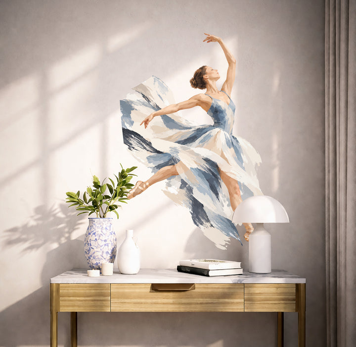 Colorful Blue and White Ballerina Vinyl Wall Decal Art displayed in a scandinavian interior interior