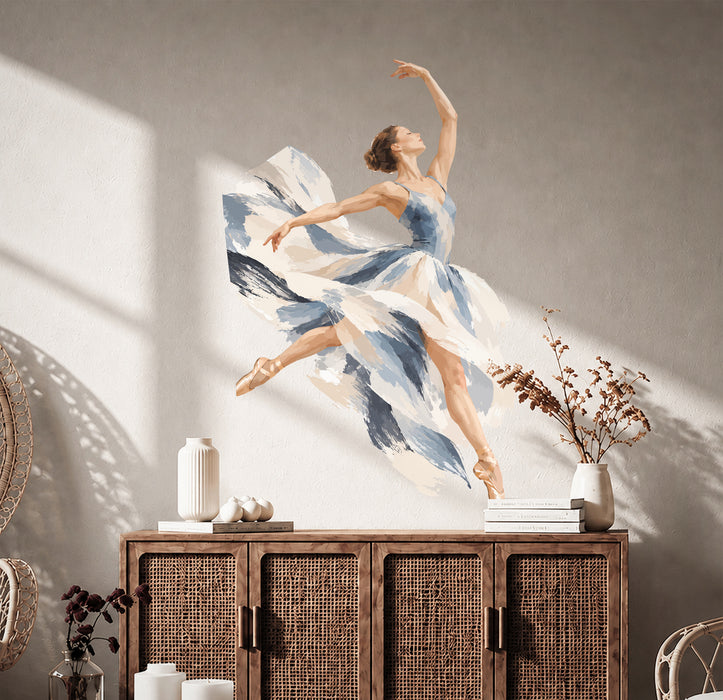 Colorful Blue and White Ballerina Vinyl Wall Decal Art displayed in a boho interior interior