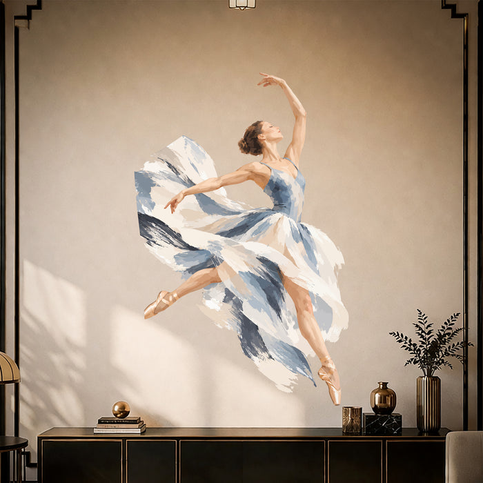 Colorful Blue and White Ballerina Vinyl Wall Decal Art displayed in a art deco interior