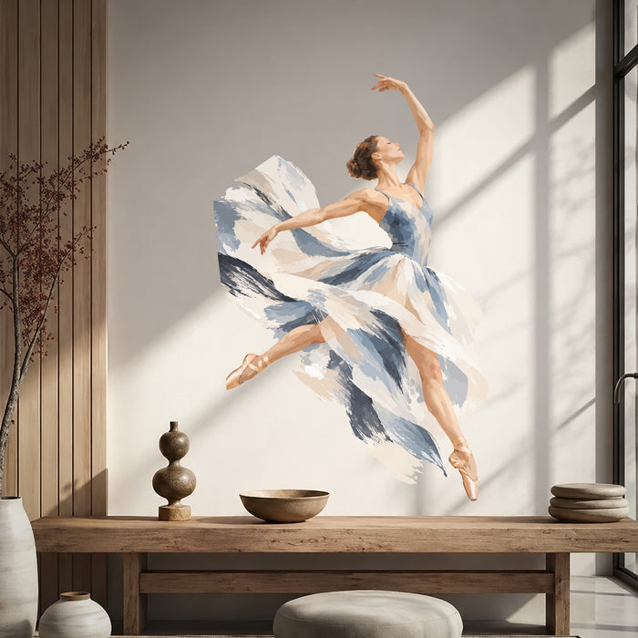 Colorful Blue and White Ballerina Vinyl Wall Decal Art displayed in a japandi living room interior