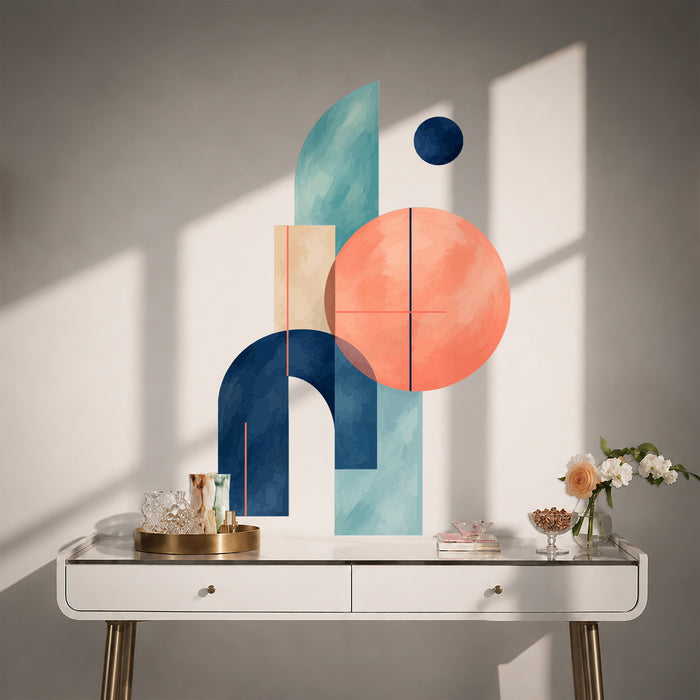 Colorful Coral and Blue Geometric Vinyl Wall Decal Art displayed in a contemporary interior interior