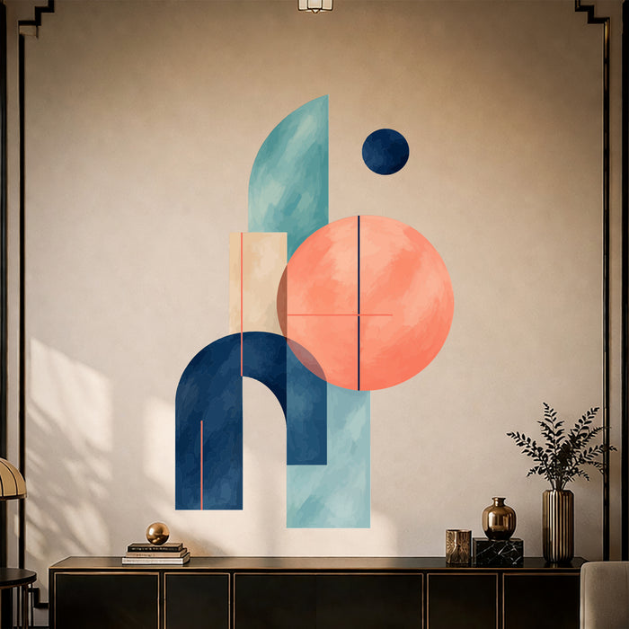 Colorful Coral and Blue Geometric Vinyl Wall Decal Art displayed in a art deco interior