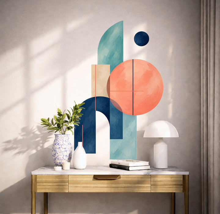 Colorful Coral and Blue Geometric Vinyl Wall Decal Art displayed in a scandinavian interior interior