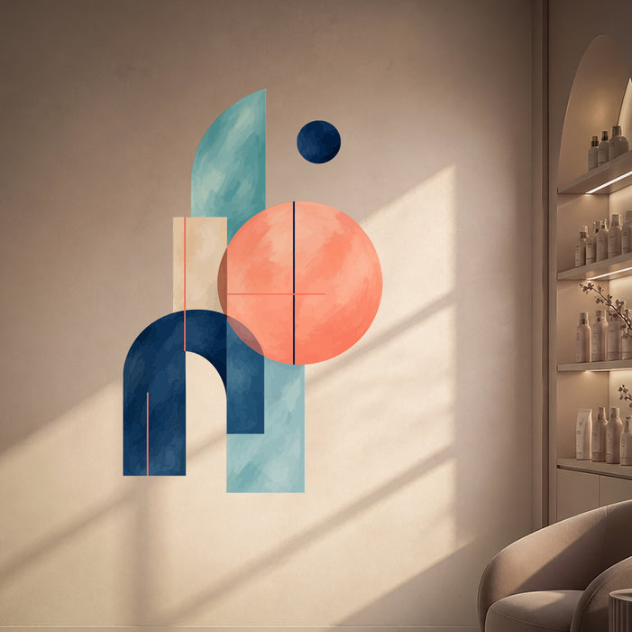 Colorful Coral and Blue Geometric Vinyl Wall Decal Art displayed in a beauty salon interior