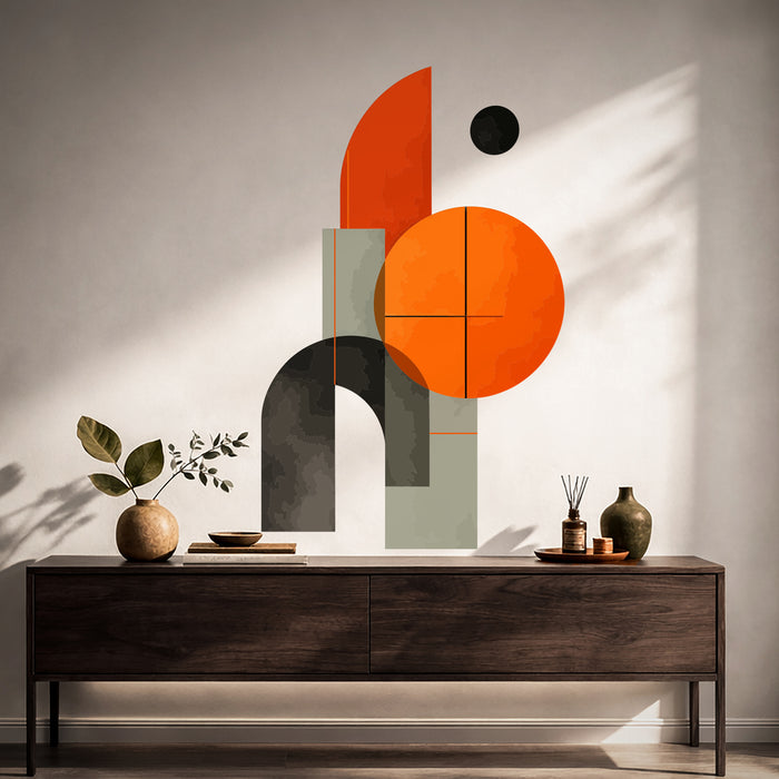 Colorful Orange and Black Geometric Vinyl Wall Decal displayed in a japandi hall interior
