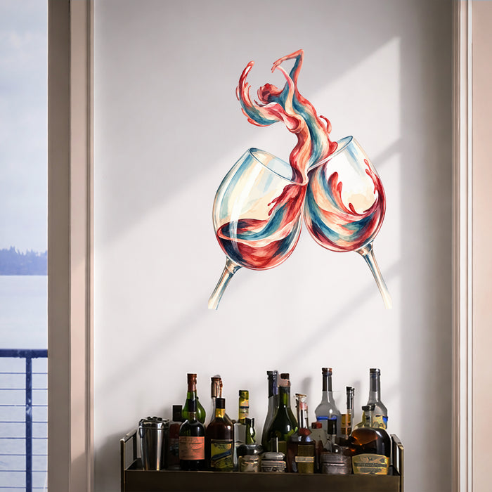 Colorful Clinking Wine Glasses Splash Vinyl Wall Decal displayed in a contemporary bar cart interior