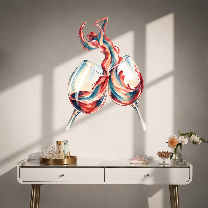 Colorful Clinking Wine Glasses Splash Vinyl Wall Decal displayed in a contemporary interior interior