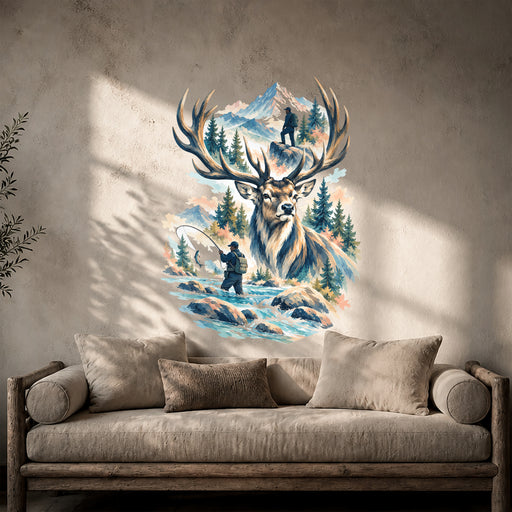 Colorful Stag Mountain and Fishing Vinyl Wall Decal Art displayed in a rustic interior