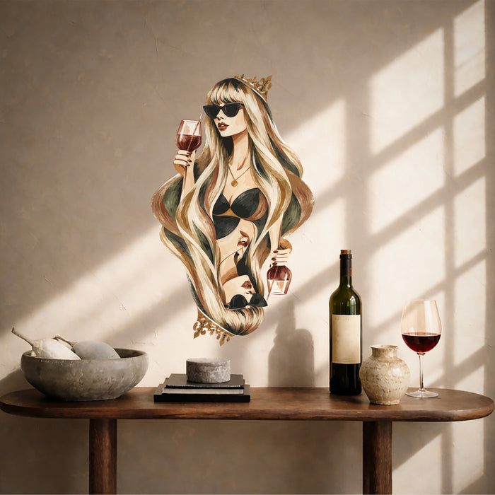 Colorful Wine Queen Mirrored Portrait Wall Decal Art displayed in a wine interior  interior