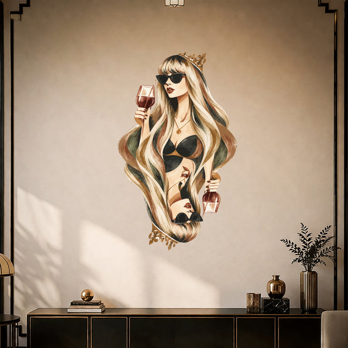Colorful Wine Queen Mirrored Portrait Wall Decal Art displayed in a art deco interior