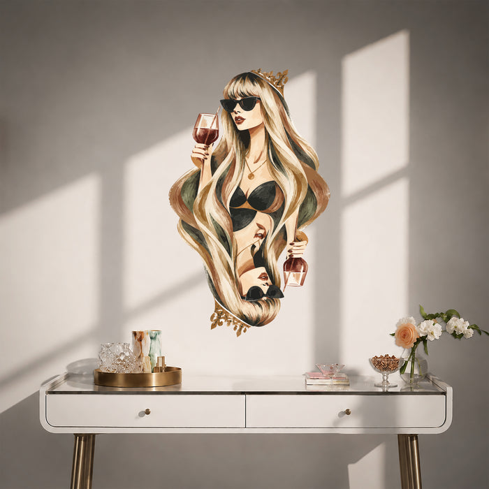 Colorful Wine Queen Mirrored Portrait Wall Decal Art displayed in a contemporary interior interior