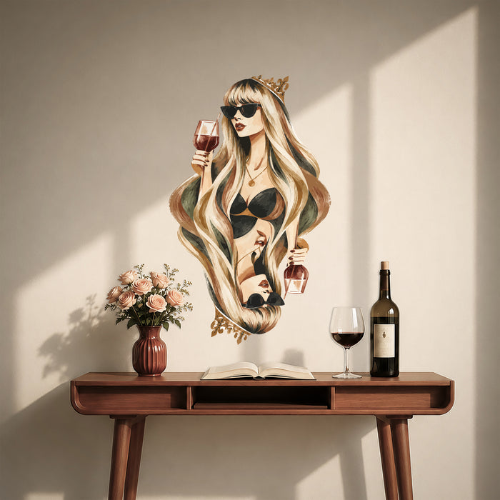 Colorful Wine Queen Mirrored Portrait Wall Decal Art displayed in a mid century modern interior