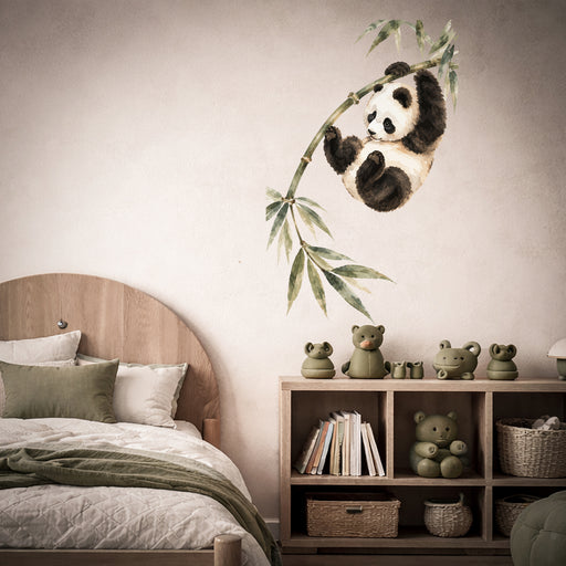 Colorful Playful Panda on Bamboo Vinyl Wall Decal Art displayed in a japandi kids room interior