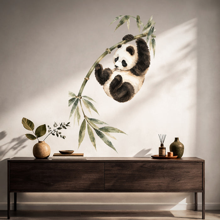 Colorful Playful Panda on Bamboo Vinyl Wall Decal Art displayed in a japandi hall interior