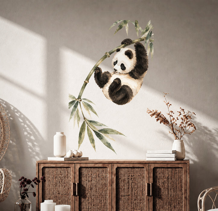 Colorful Playful Panda on Bamboo Vinyl Wall Decal Art displayed in a boho interior interior