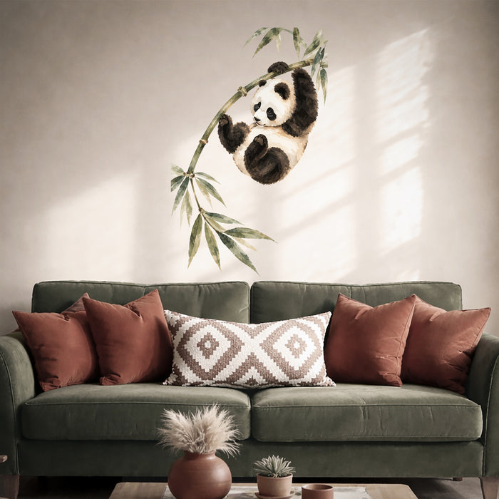 Colorful Playful Panda on Bamboo Vinyl Wall Decal Art displayed in a scandinavian interior interior