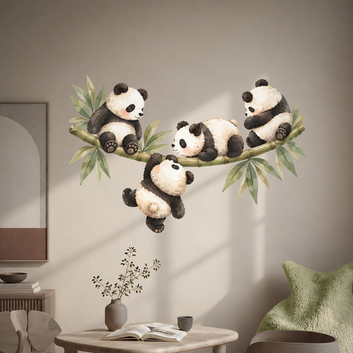 Colorful Four Playful Pandas on Bamboo Wall Decal Art displayed in a japandi kids room interior