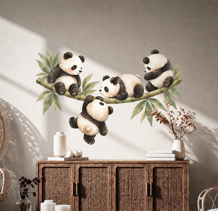 Colorful Four Playful Pandas on Bamboo Wall Decal Art displayed in a boho interior interior