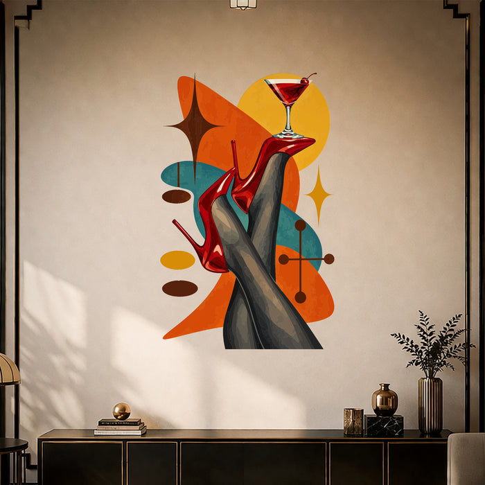 Colorful Retro Red Heels and Cocktail Vinyl Wall Decal displayed in a art deco interior