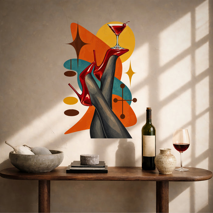 Colorful Retro Red Heels and Cocktail Vinyl Wall Decal displayed in a wine interior  interior