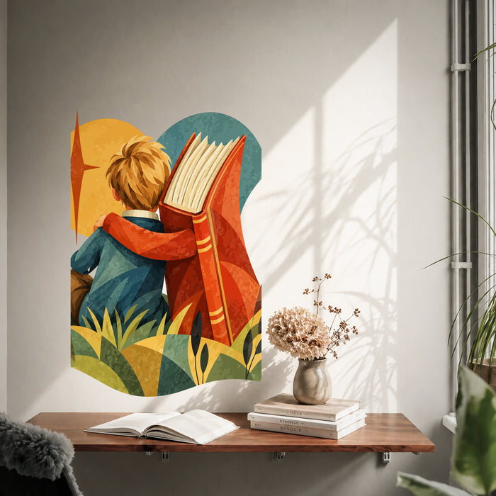 Colorful Boy and Giant Book Reading Vinyl Wall Decal displayed in a book scandinavian interior interior