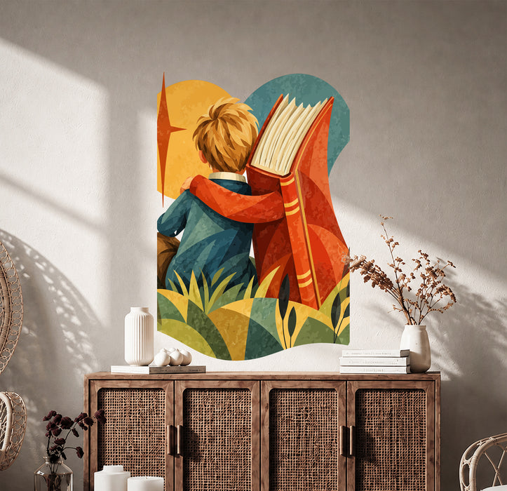 Colorful Boy and Giant Book Reading Vinyl Wall Decal displayed in a boho interior interior
