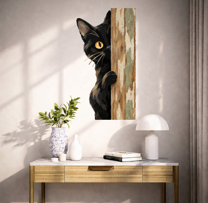 Colorful Peeking Black Cat on Wood Vinyl Wall Decal Art displayed in a scandinavian interior interior