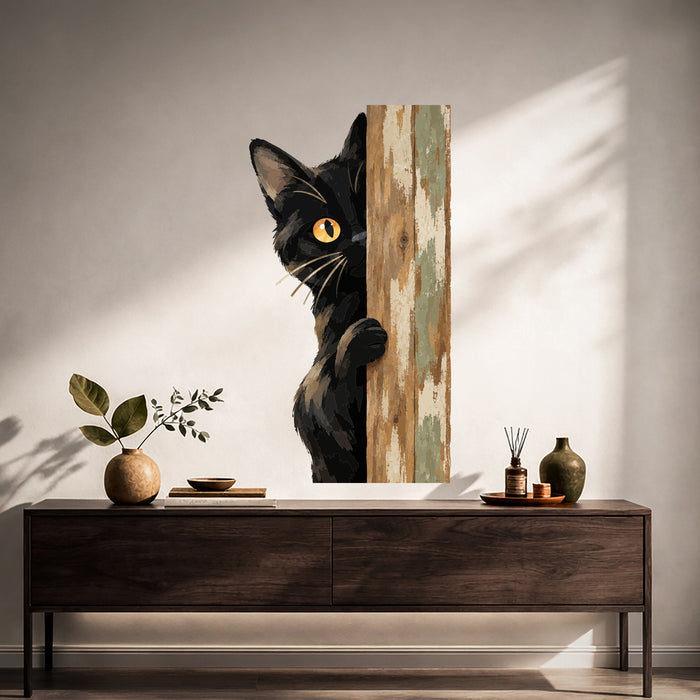 Colorful Peeking Black Cat on Wood Vinyl Wall Decal Art displayed in a japandi hall interior