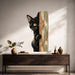 Colorful Peeking Black Cat on Wood Vinyl Wall Decal Art displayed in a japandi hall interior