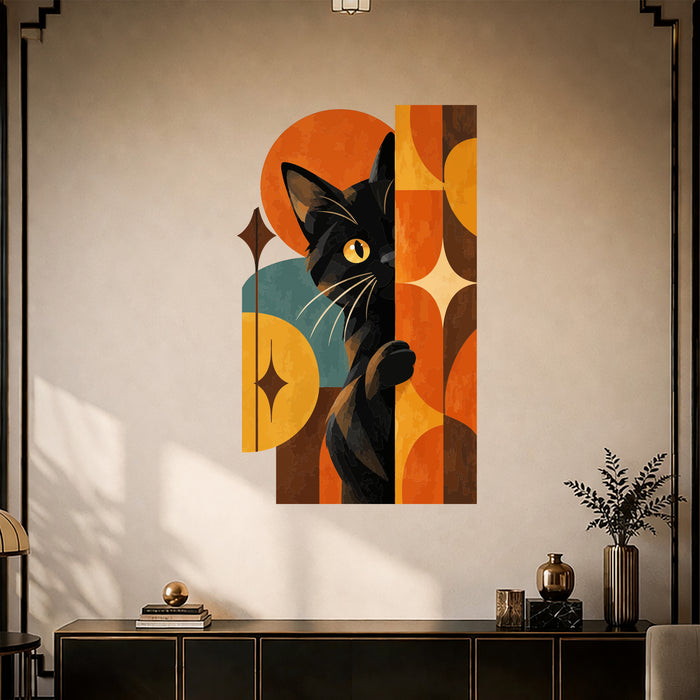 Colorful Retro Peeking Black Cat Vinyl Wall Decal Art displayed in a art deco interior