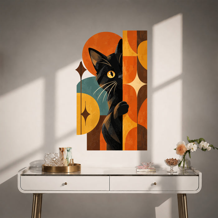 Colorful Retro Peeking Black Cat Vinyl Wall Decal Art displayed in a contemporary interior interior