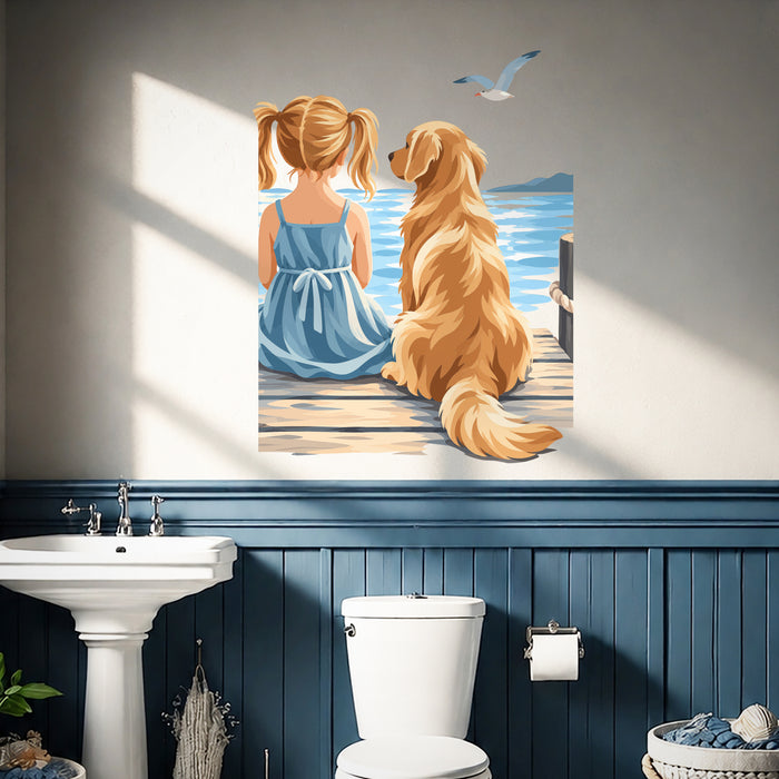 Girl and golden retriever by the sea wall decal in a coastal bathroom