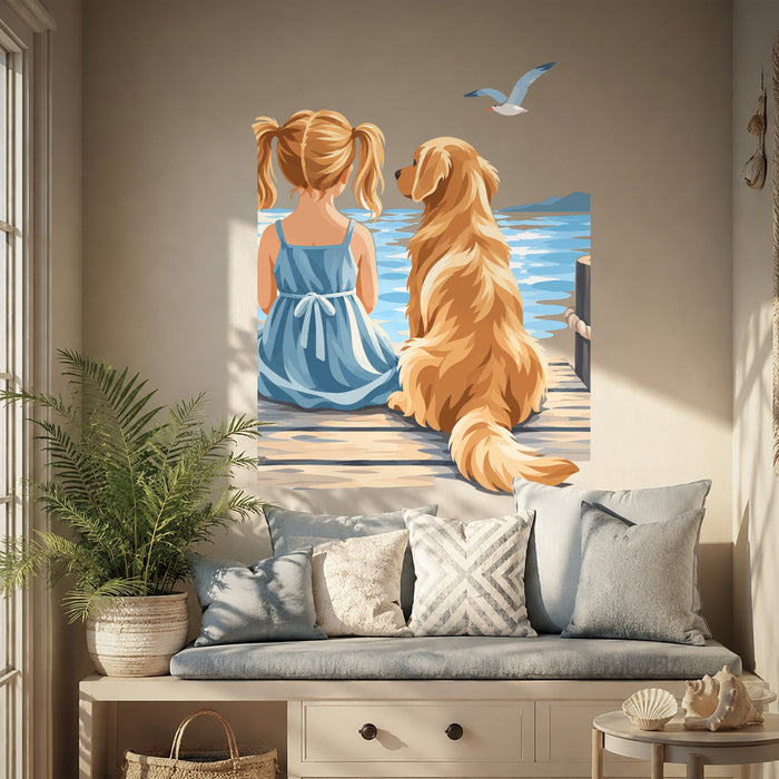 Girl and golden retriever by the sea wall decal in a coastal interior