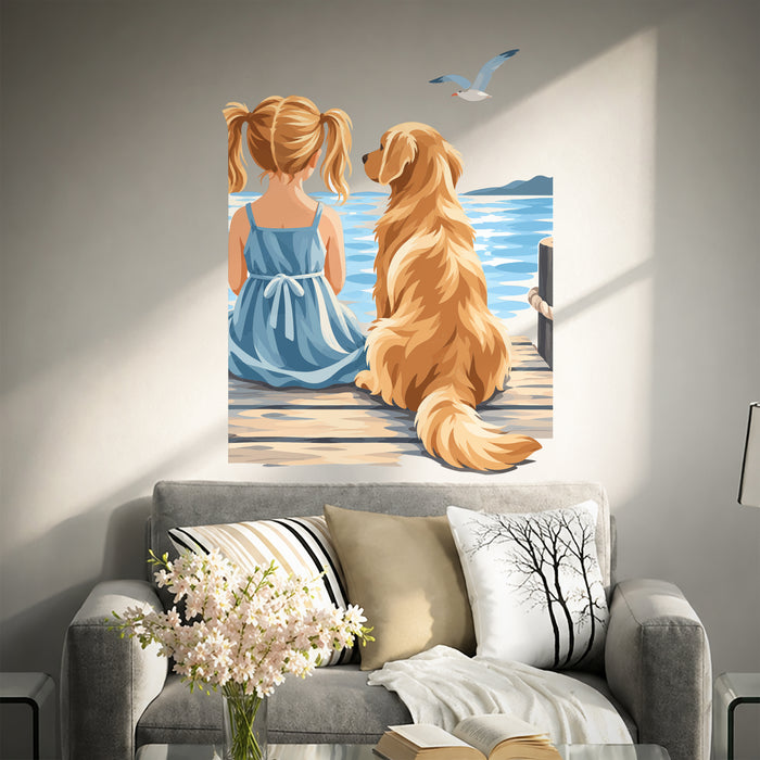Girl and golden retriever by the sea wall decal in a contemporary interior interior