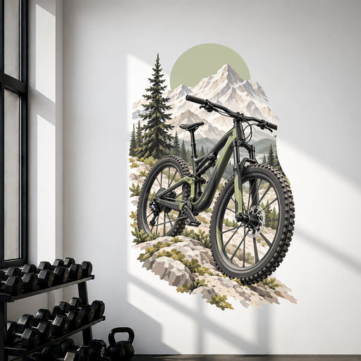 Mountain bike with alpine peaks and evergreen trees vinyl wall decal in a gym room