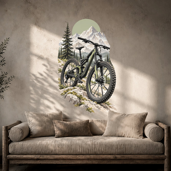 Mountain bike with alpine peaks and evergreen trees vinyl wall decal in a rustic room