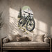 Mountain bike with alpine peaks and evergreen trees vinyl wall decal in a rustic room