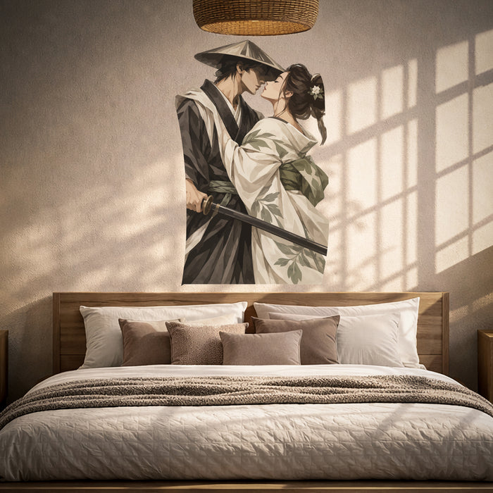 Samurai and kimono couple sharing a kiss vinyl wall decal in a japandi bedroom room