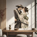 Samurai and kimono couple sharing a kiss vinyl wall decal in a japandi living room room