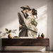 Samurai and kimono couple sharing a kiss vinyl wall decal in a japandi hall room