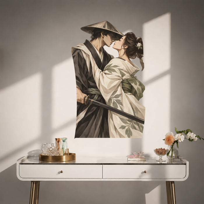 Samurai and kimono couple sharing a kiss vinyl wall decal in a contemporary room