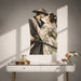 Samurai and kimono couple sharing a kiss vinyl wall decal in a contemporary room