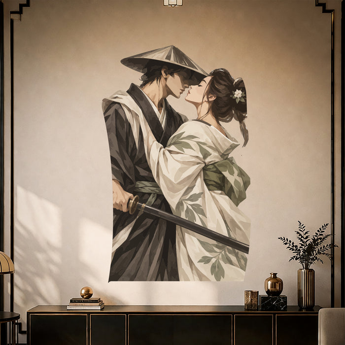 Samurai and kimono couple sharing a kiss vinyl wall decal in a art deco room