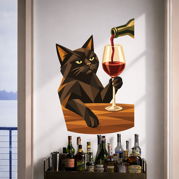 Black cat holding a glass of red wine vinyl wall decal in a contemporary bar cart room