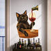 Black cat holding a glass of red wine vinyl wall decal in a contemporary bar cart room