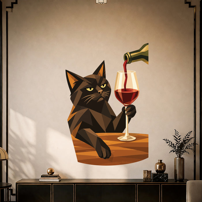 Black cat holding a glass of red wine vinyl wall decal in a art deco room