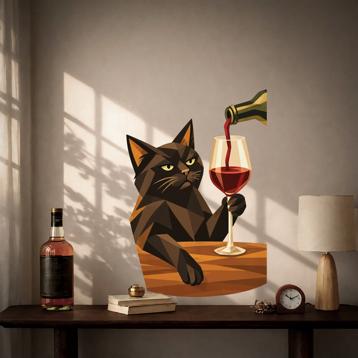Black cat holding a glass of red wine vinyl wall decal in a whiskey room